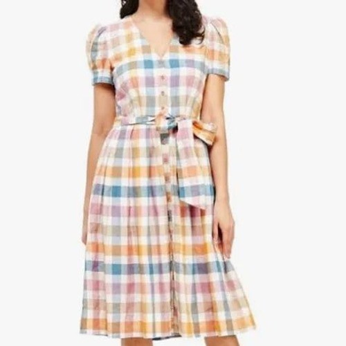 Gal Meets Glam Collection Multi Gingham Linen Blend Button Front Midi Dress 10