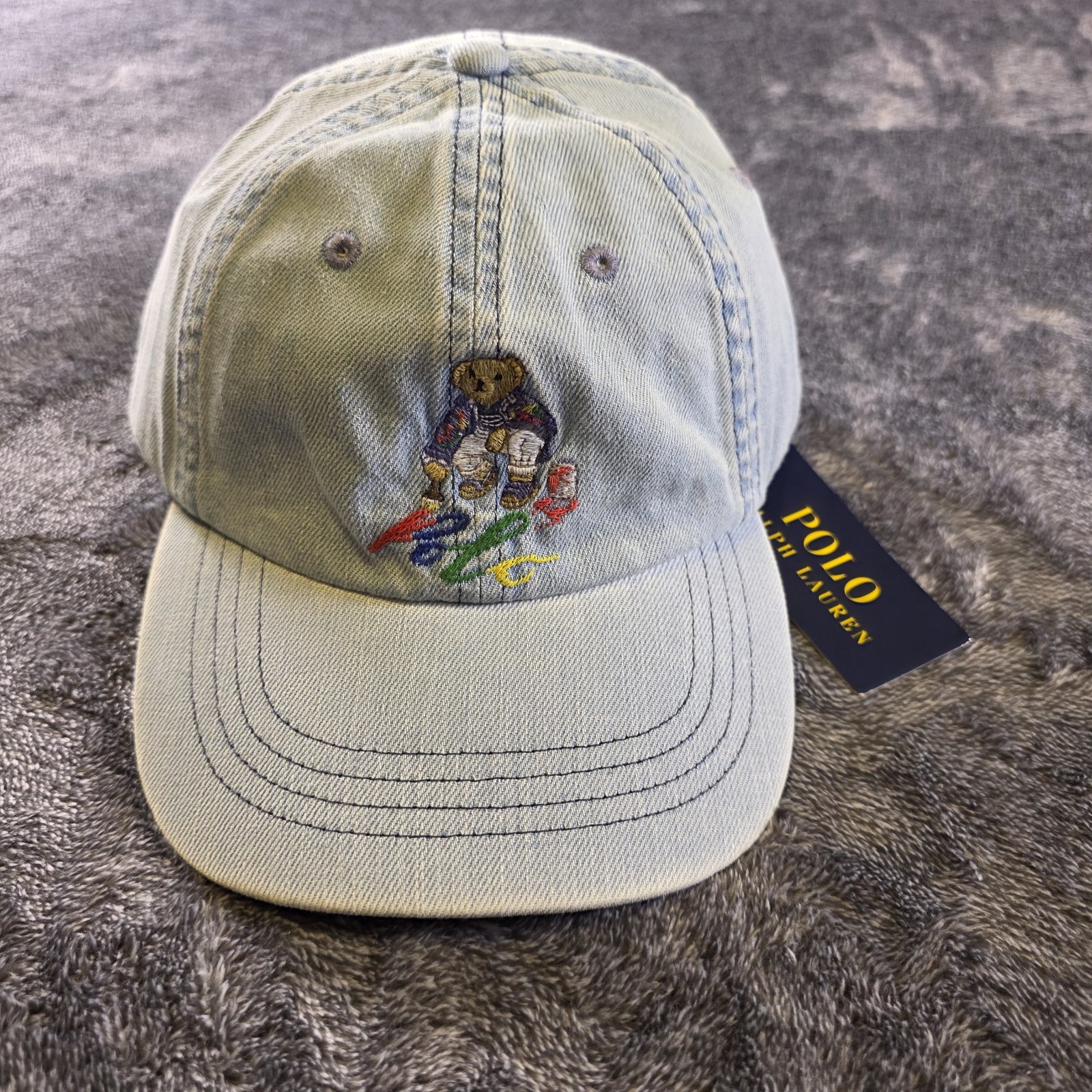 Ralph Lauren Polo Bear Denim Ball Cap Hat OS Blue Painting Bear Leather Strap