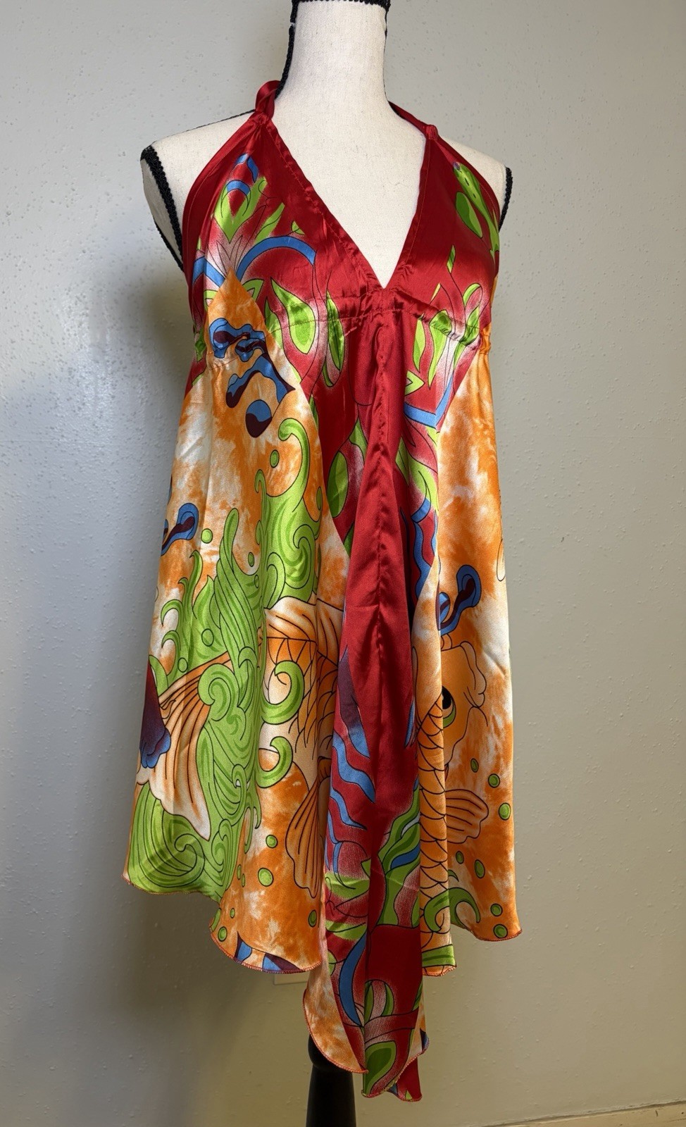 India Boutique Vibrant Flowy Koi Fish Print Halter Mini Dress One Sz Bohemian