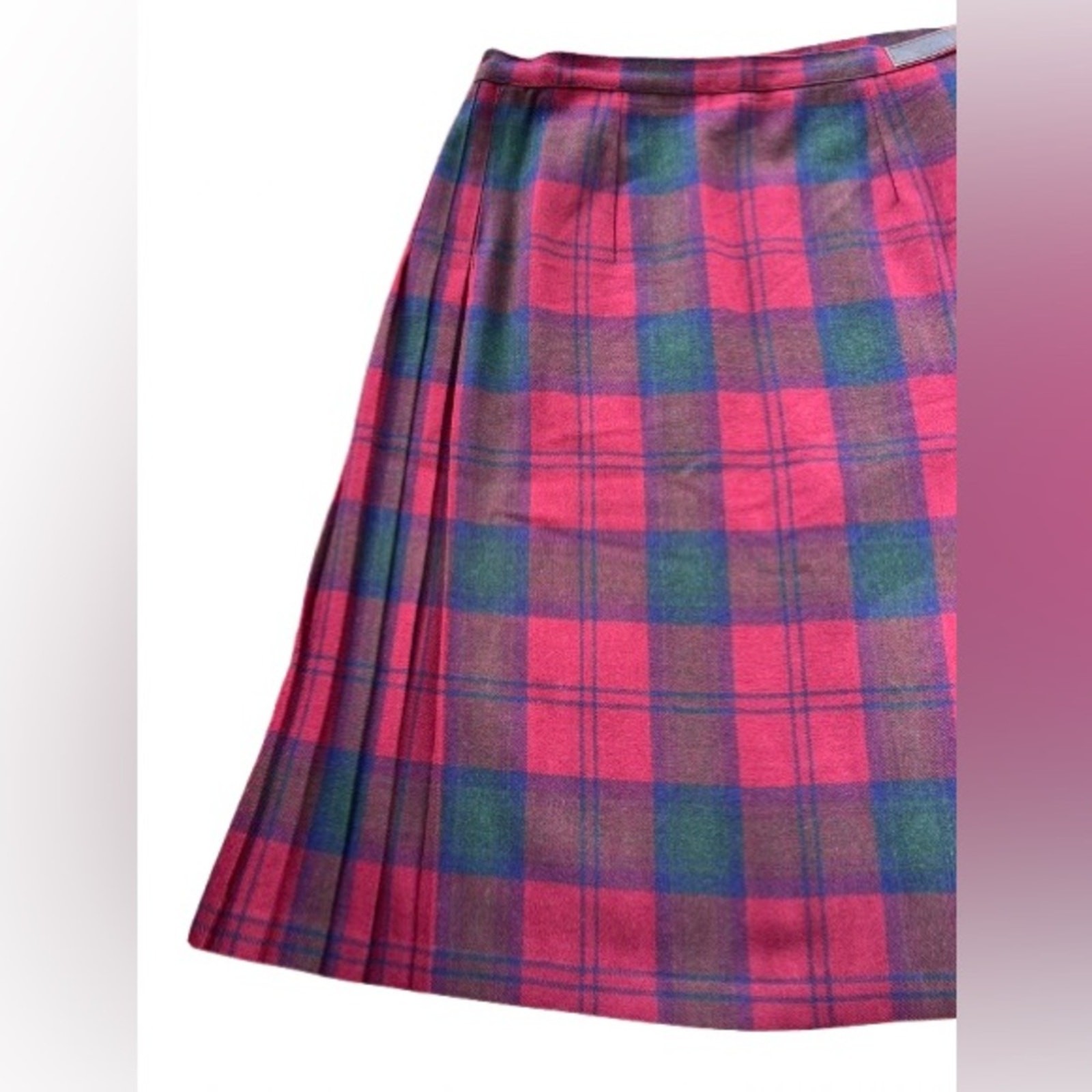 Vintage Pleated Plaid Skirt Mini Red Buckle Fringe Purple Scottish Tartan Large