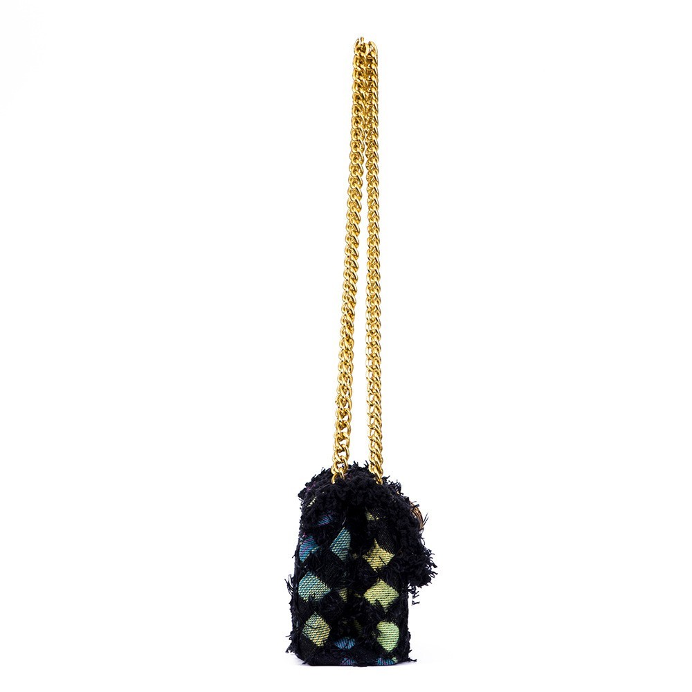 Kurt Geiger London Black Frayed Grid Tweed Crossbody Bag Gold Chain 19cm