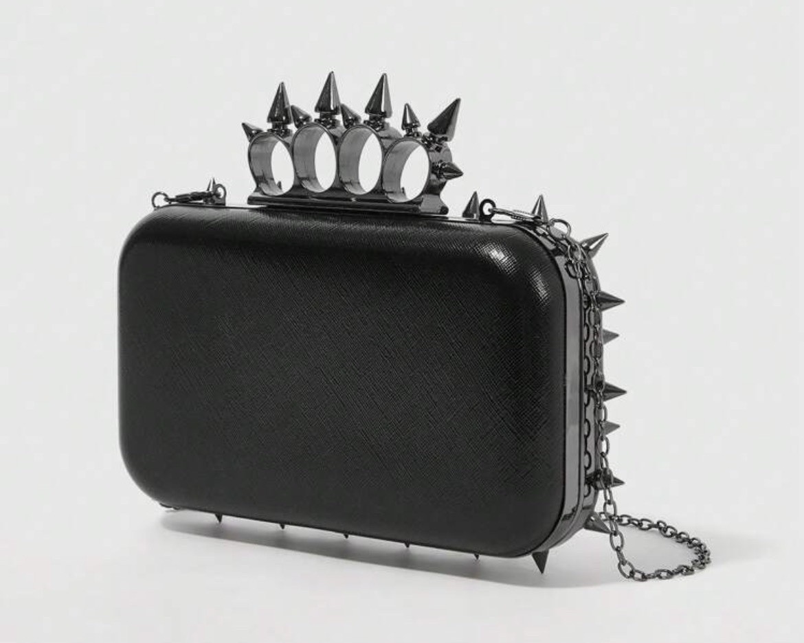 Black Spike Knuckle Ring Studded Clutch Punk Biker Bag Purse Goth
