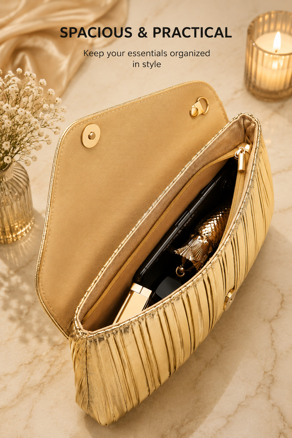 Gold Pleated Clutch, Evening Bag for Wedding Party, Formal Handbag