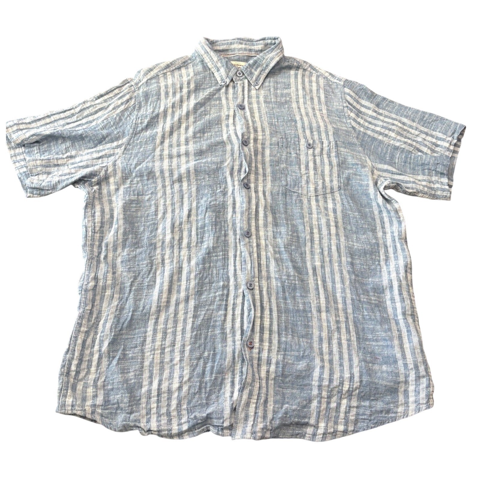 Weatherproof Vintage Mens Blue White Striped Linen Cotton Blend Shirt Size XL