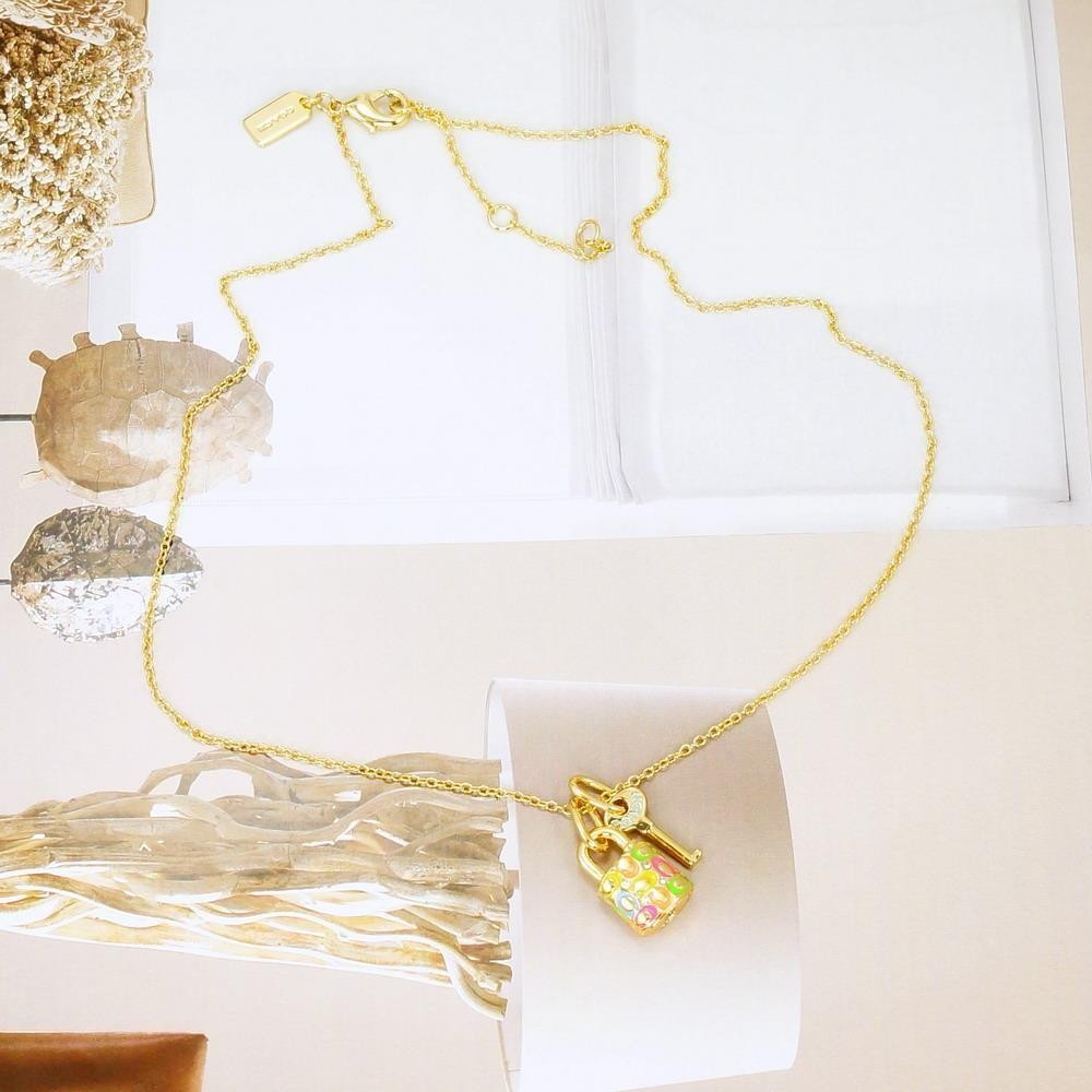 NWT Coach Signature Rainbow Padlock Lock Key Necklace Gold Tone