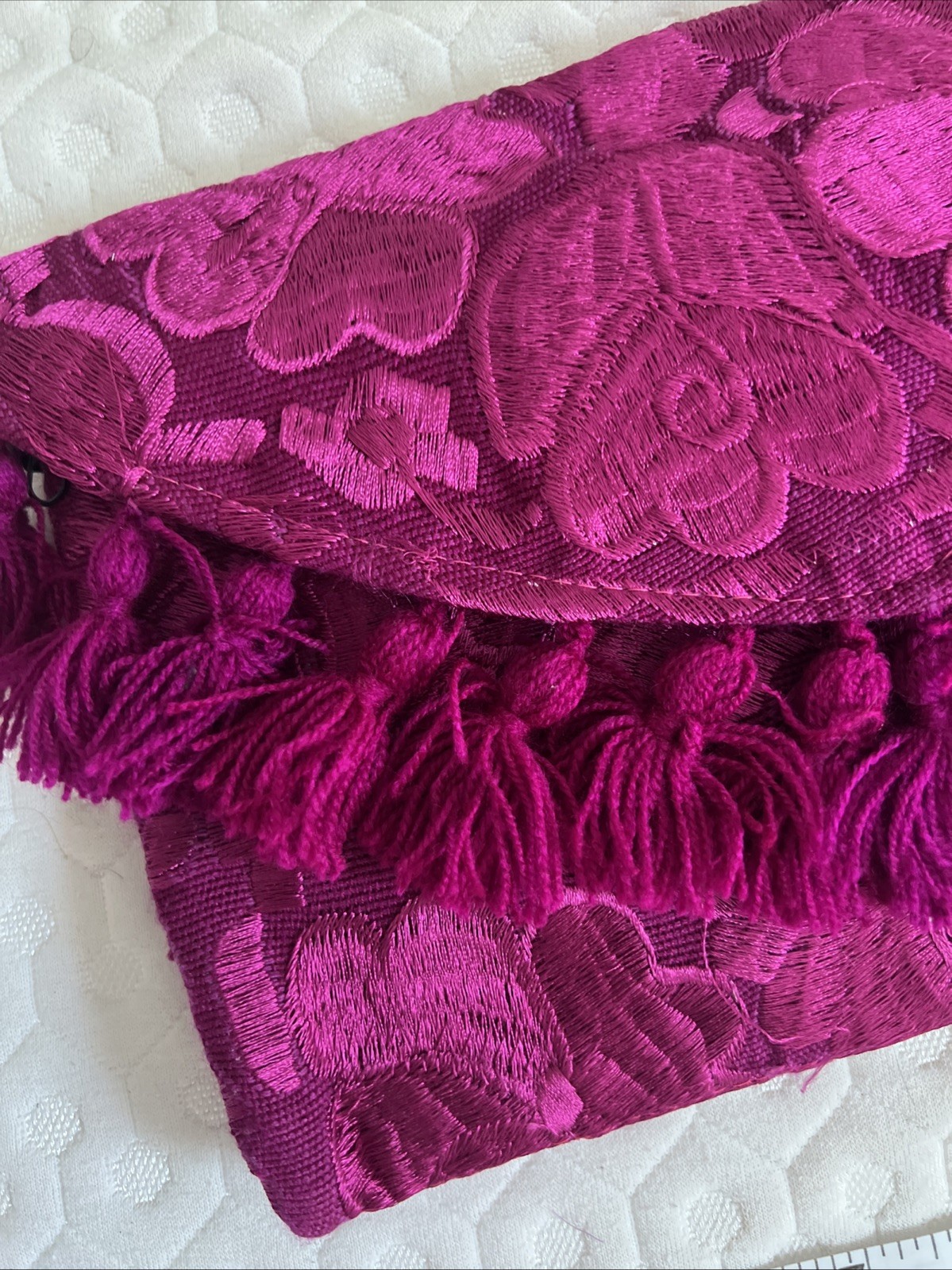 Mexican Embroidered Hot Pink Tassels Envelope Clutch Crossbody Purse