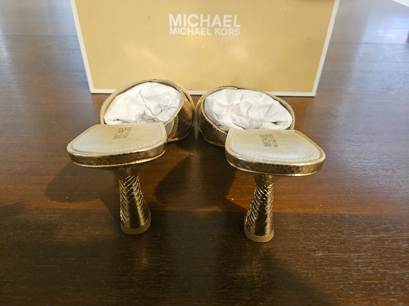Michael Kors Clara Mule Square toe Sandals Gold Snake Skin leather New in box 10
