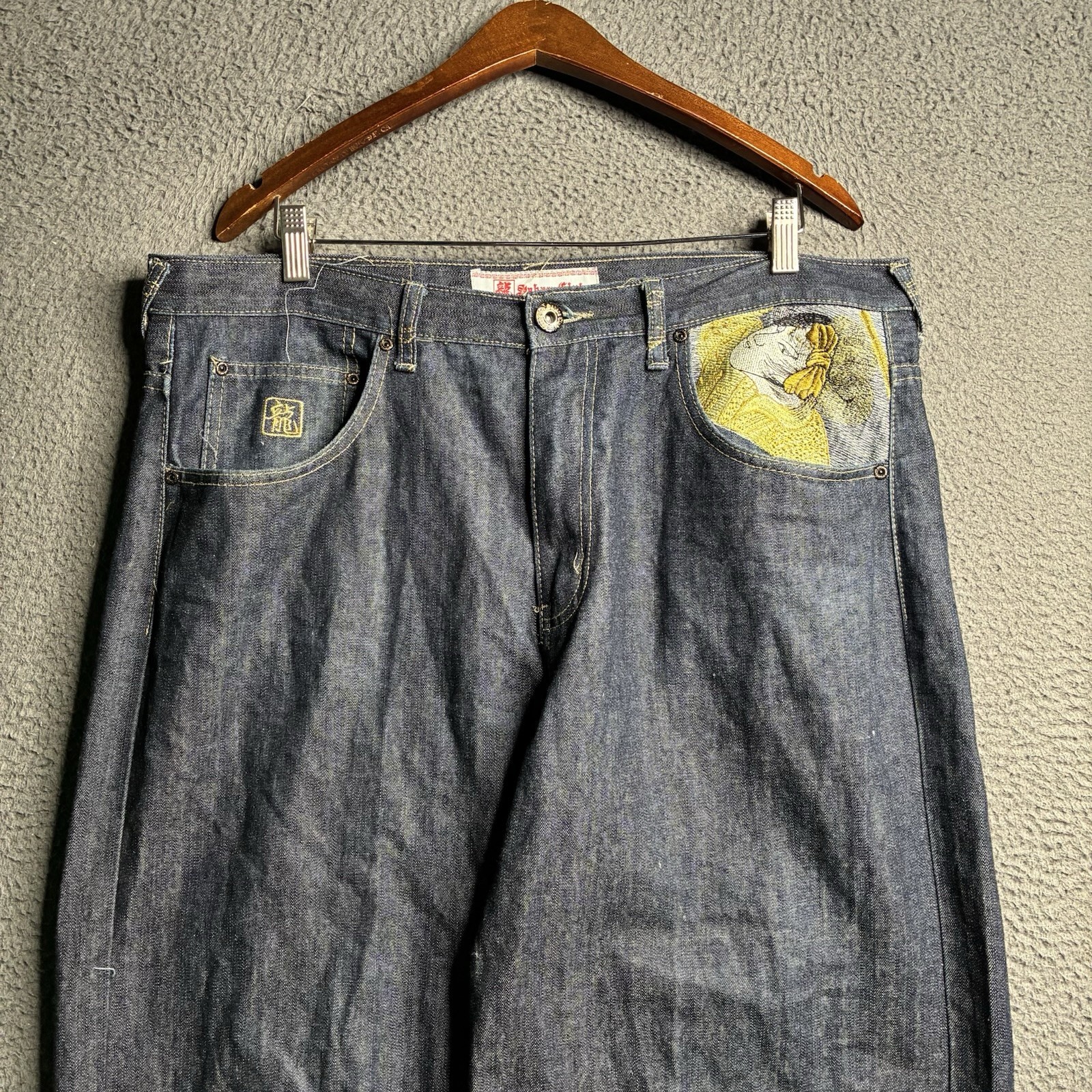 Vtg Martin Ksohoh Style Embroidered 38×34 Denim Jeans Wide Leg Baggy Broken Zip