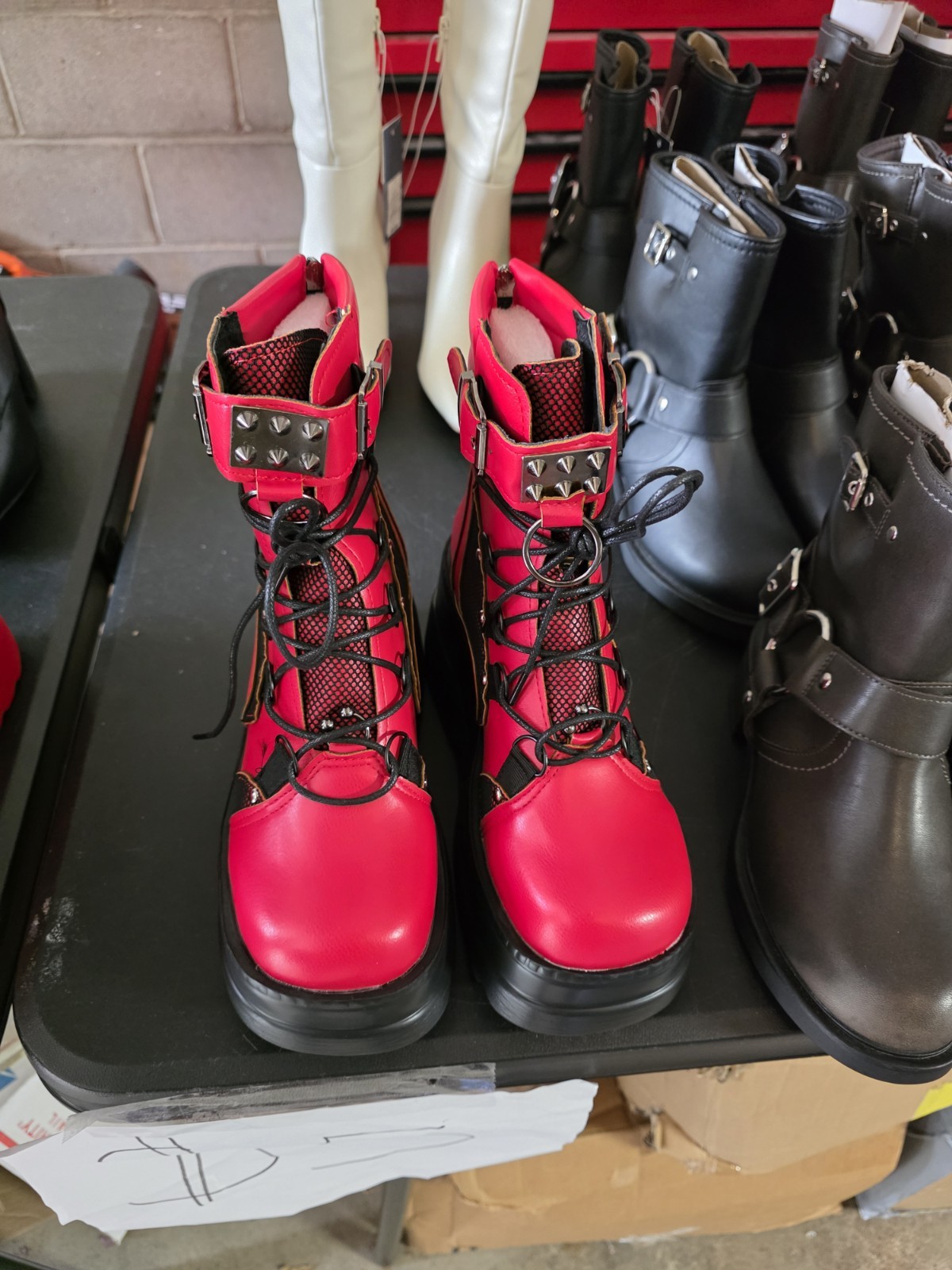 Women’s Size 9, Red And Black, Lace Up, Goth, 3.5in Platform Boots. New.