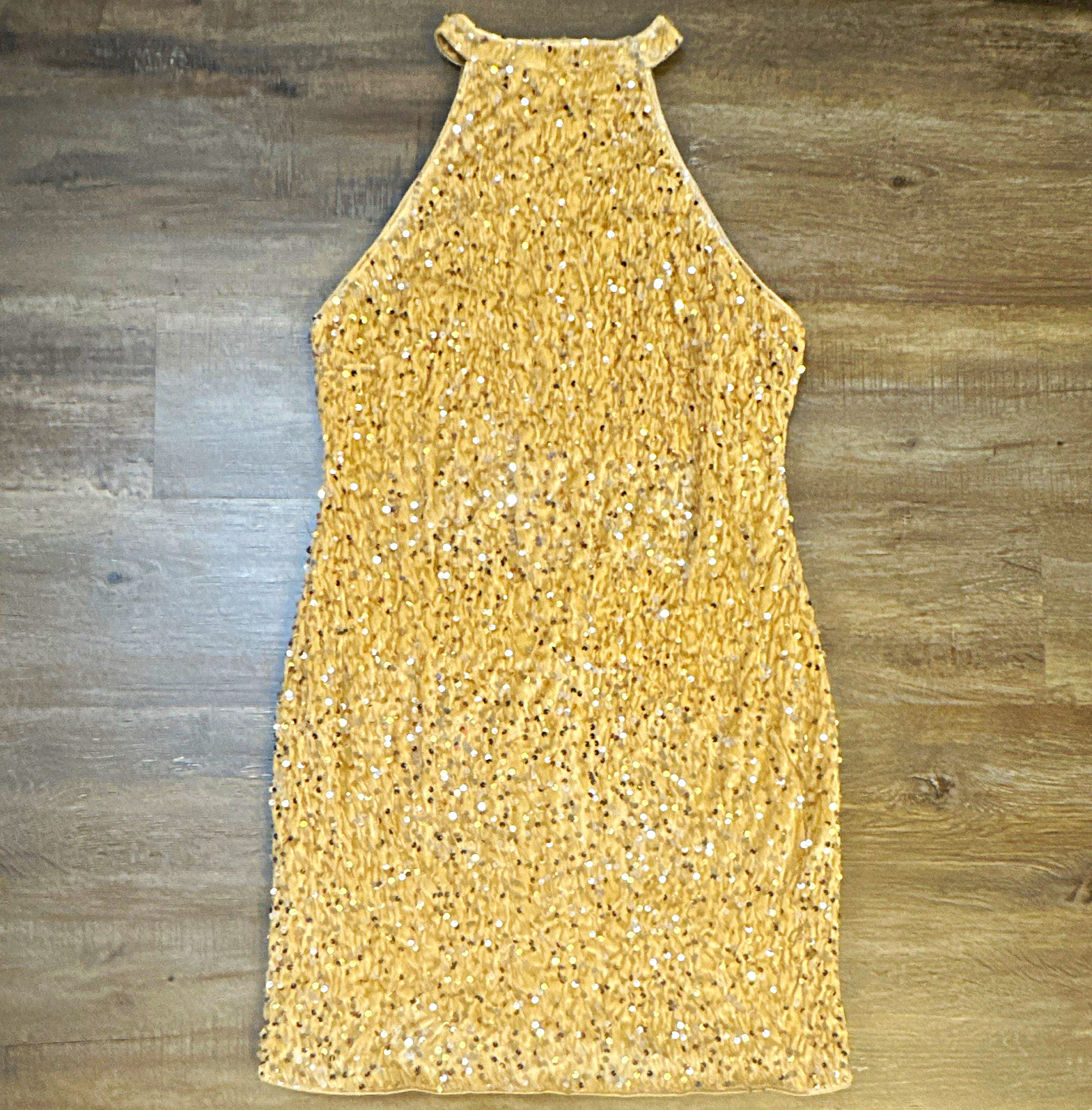 Womens Gold Sequin Halter Neck Bodycon Mini Dress Lined Stretch Zip Back XL