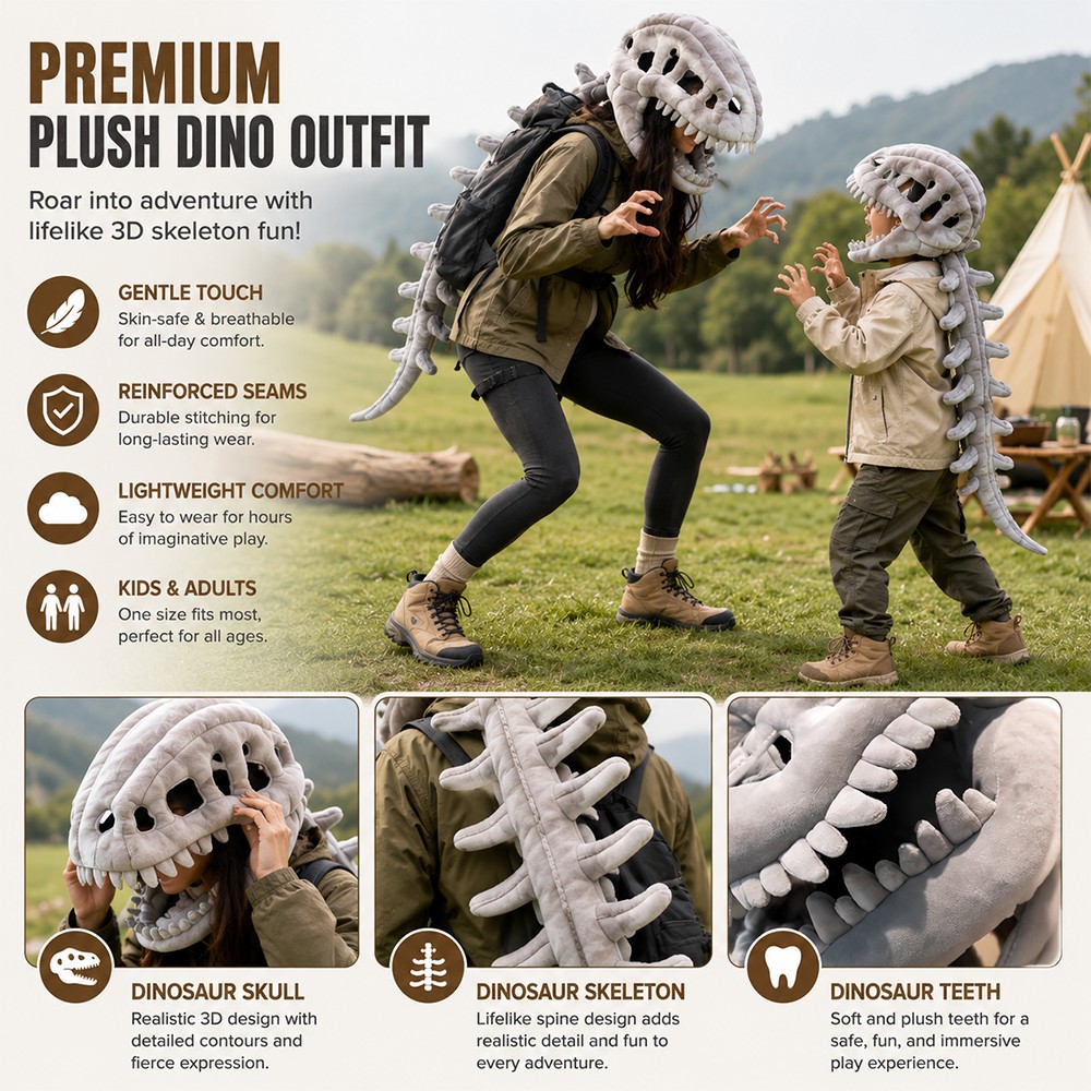 Dinosaur Skeleton Costume for Kids Halloween Cozy Plush 3D Dino Toy Skull Spine