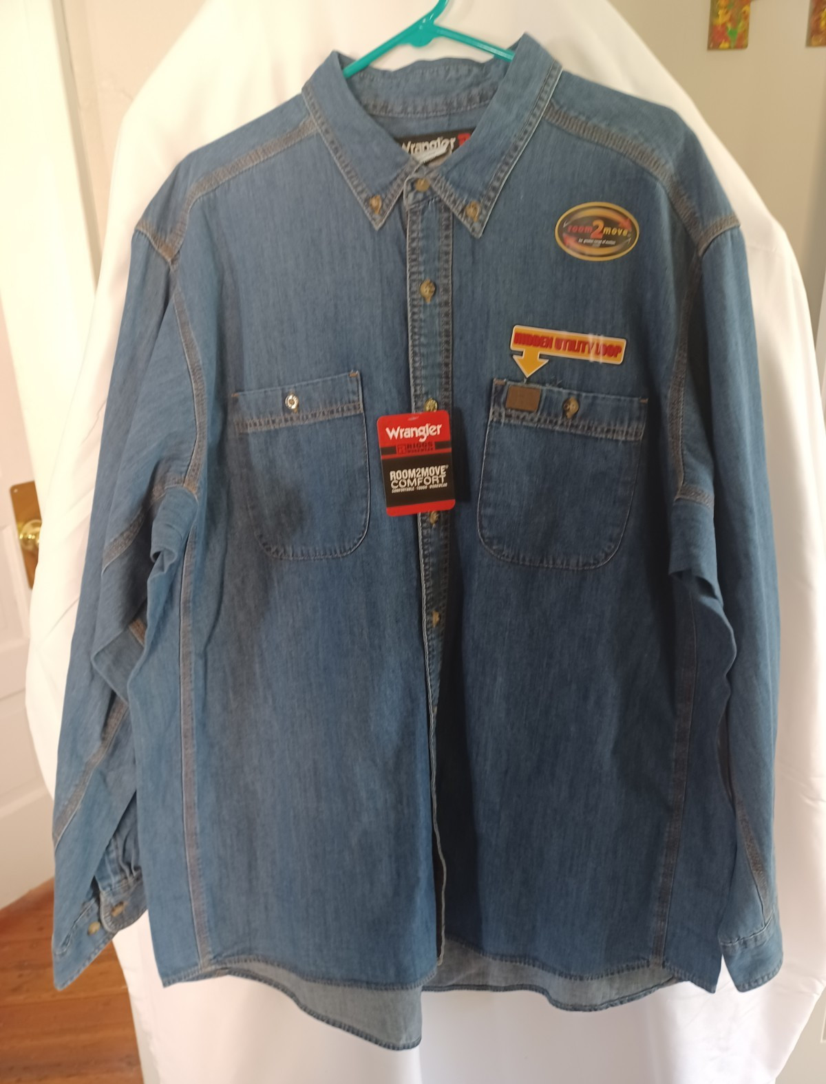 Wrangler RIGGS Workwear Room2Move Blue Denim Long Sleeve Button-Down Shirt 2XL
