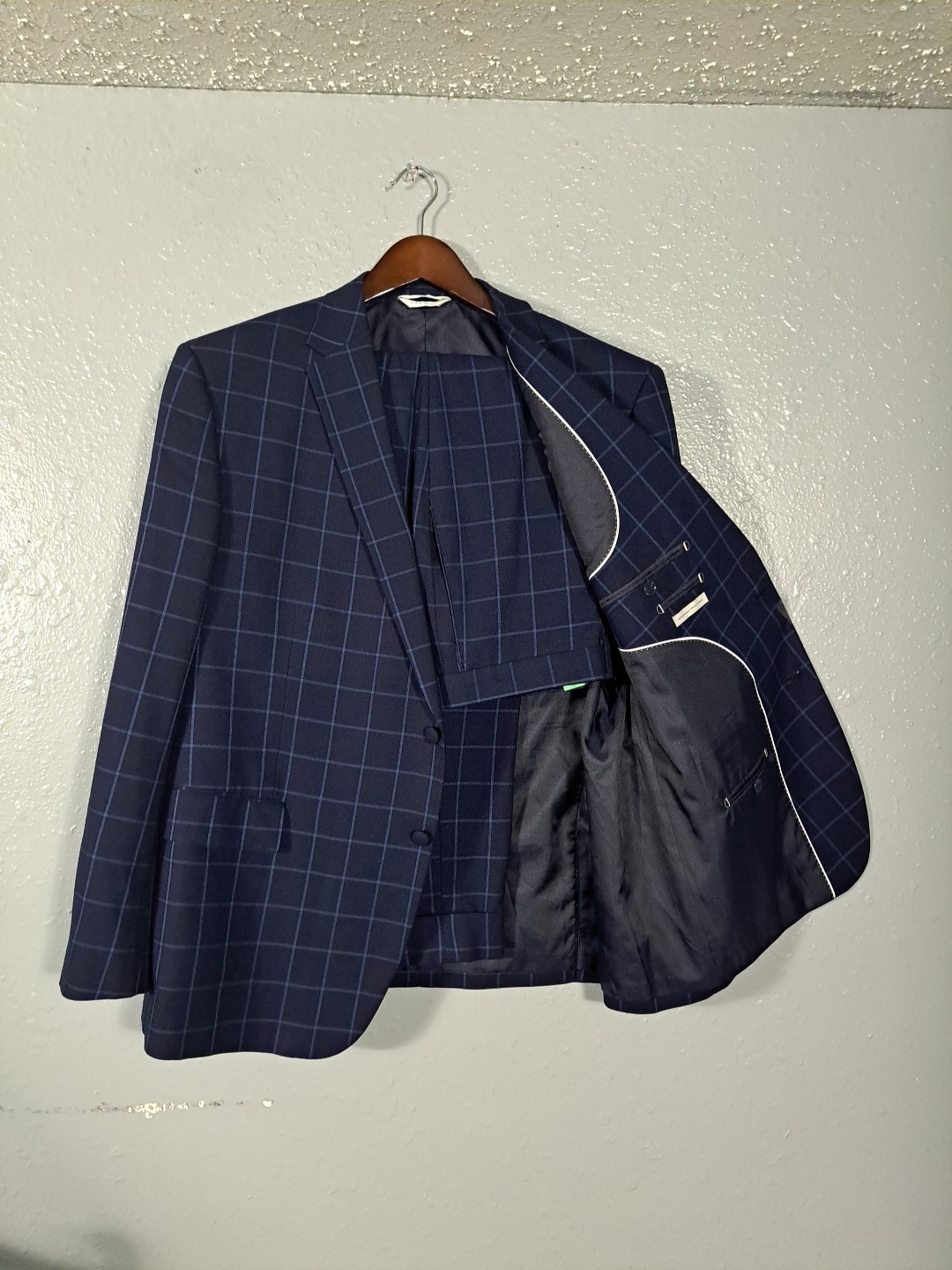Lineage Performance Stretch Fabric Blue Windowpane 2pc Suit Mens 50R Pants W44