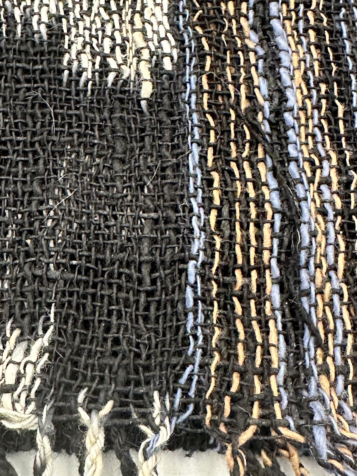 Hand Woven Scarf Hemp Open Weave Blue Tan Black & White