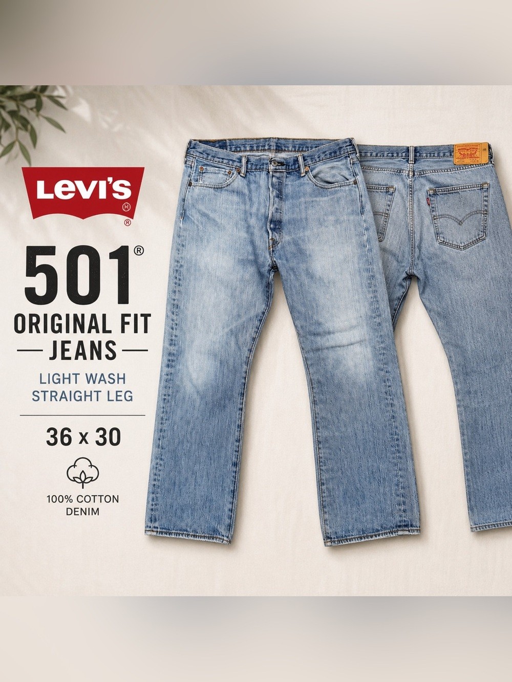 Levi’s 501 Original Fit Jeans Men’s 36×30 Light Wash Straight Leg Denim