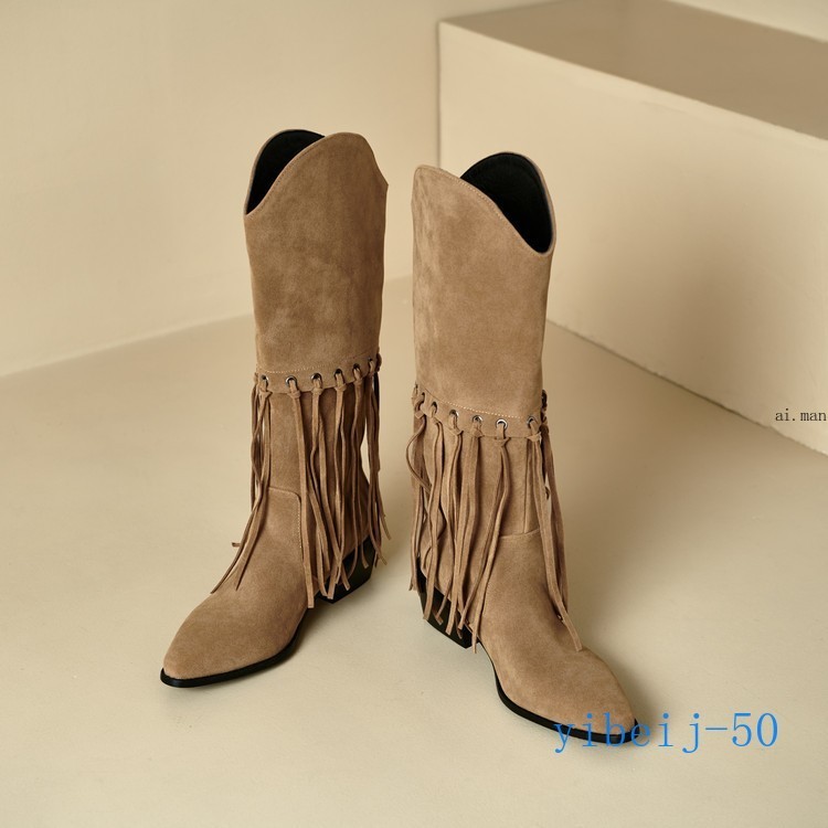 Women Tassel Mid Calf Boot Velvet Western Cowgirl Shoes Dress Formal Fall Winter