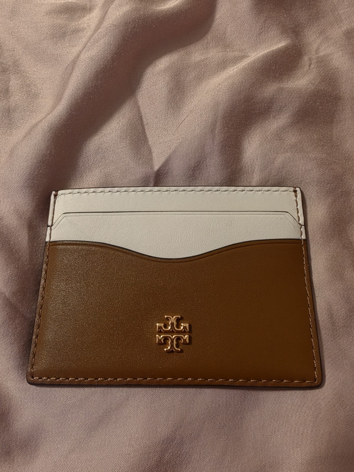 Tory Burch Emerson Slim Leather Card Case Colorblock Brown/White One Size