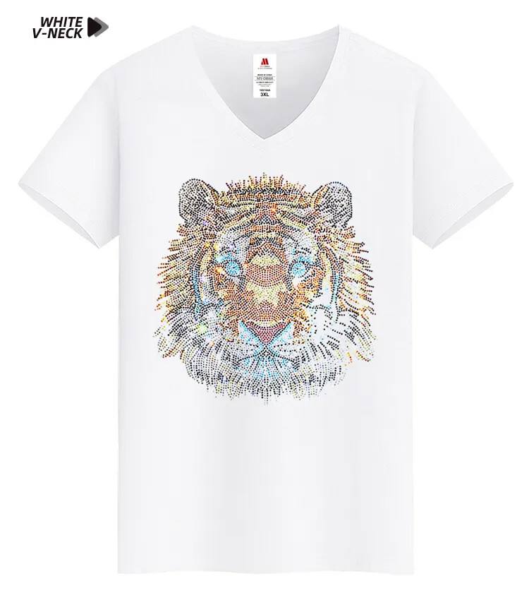 New Fashion Tiger Rhinestones Summer Short Sleeve Luxury Men Designer T-Shirt