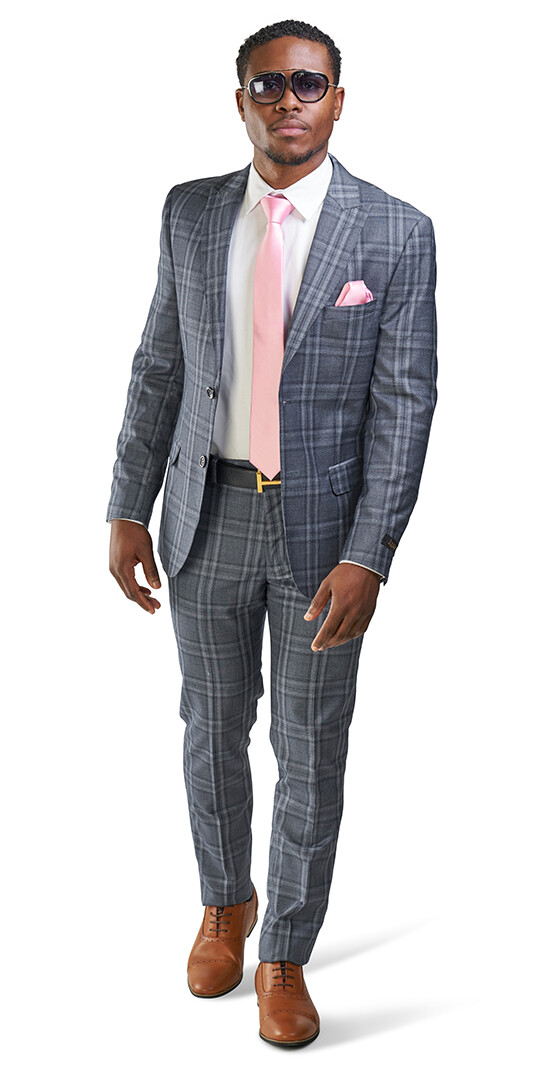 Slim Fit 2 Button Slate Gray Windowpane Plaid Mens Suit Peak Lapel 35071 AZARMAN