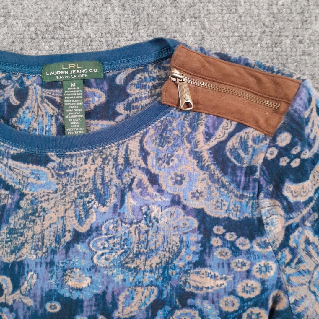 Ralph Lauren LRL Jeans Top Womens M Blouse Paisely Faux Leather Elbow Pads Boho