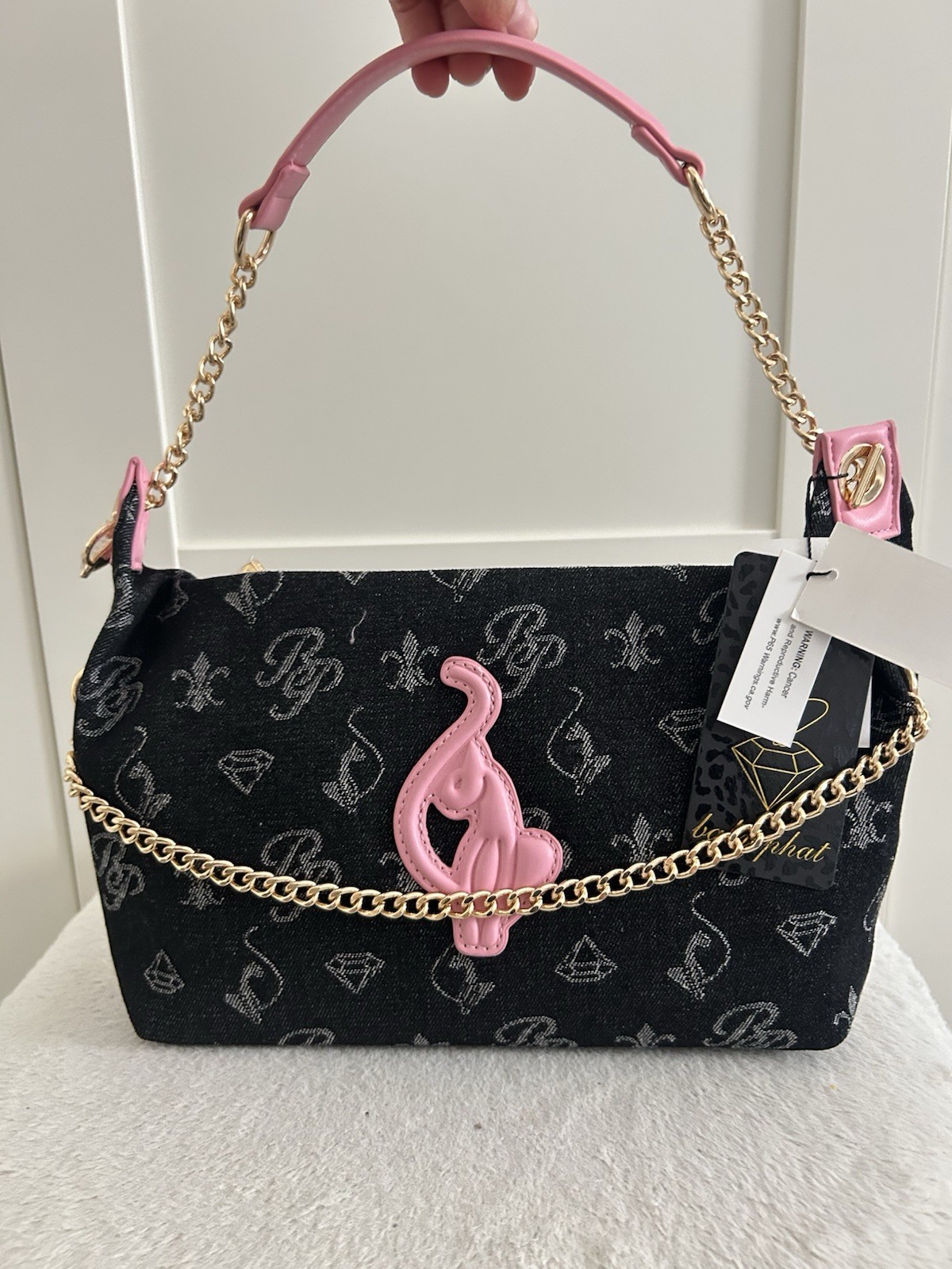 Baby Phat Black Pink Logo Shoulder Bag, Zip Closure, Gold Chain Cat Charm