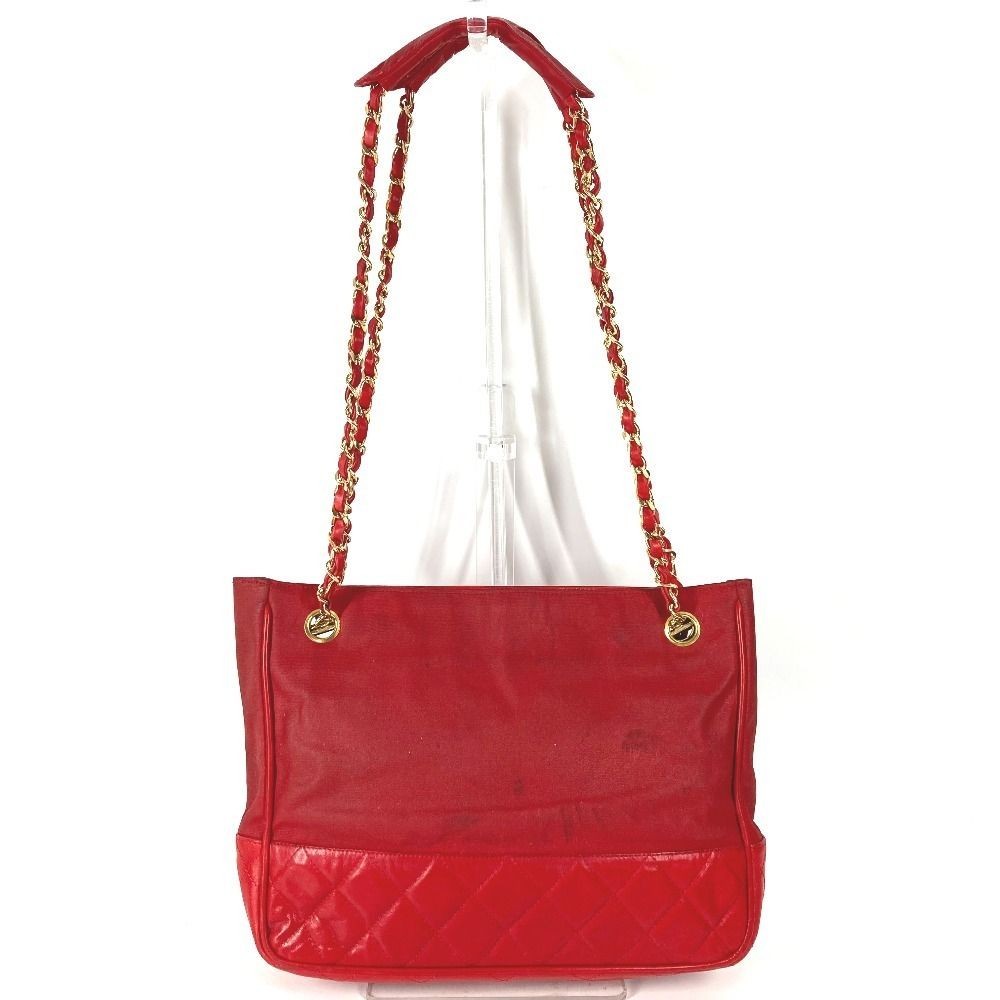 Chanel Matelasse Quilted Red Shoulder Bag Coco Mark Logo Used