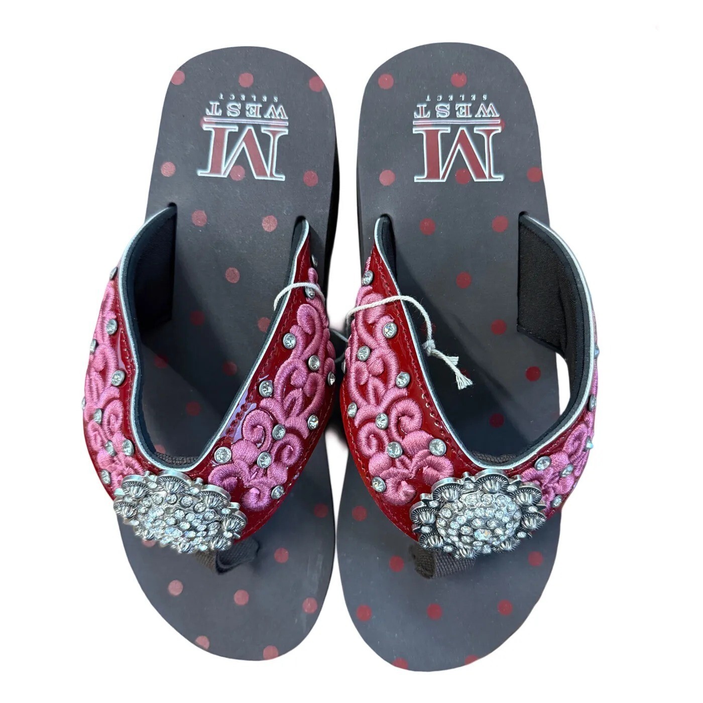 Montana West Women’s Red w/Pink Embroidered Flip Flops & Rhinestone Conch- NIB