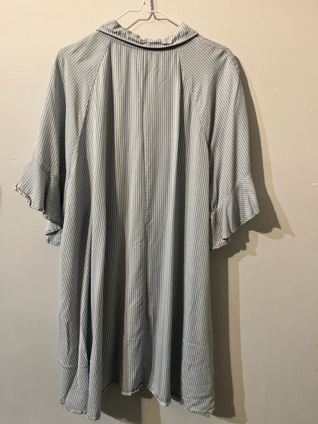 Striped Button-Up High-Low Tunic with Ruffle Sleeves 009-169