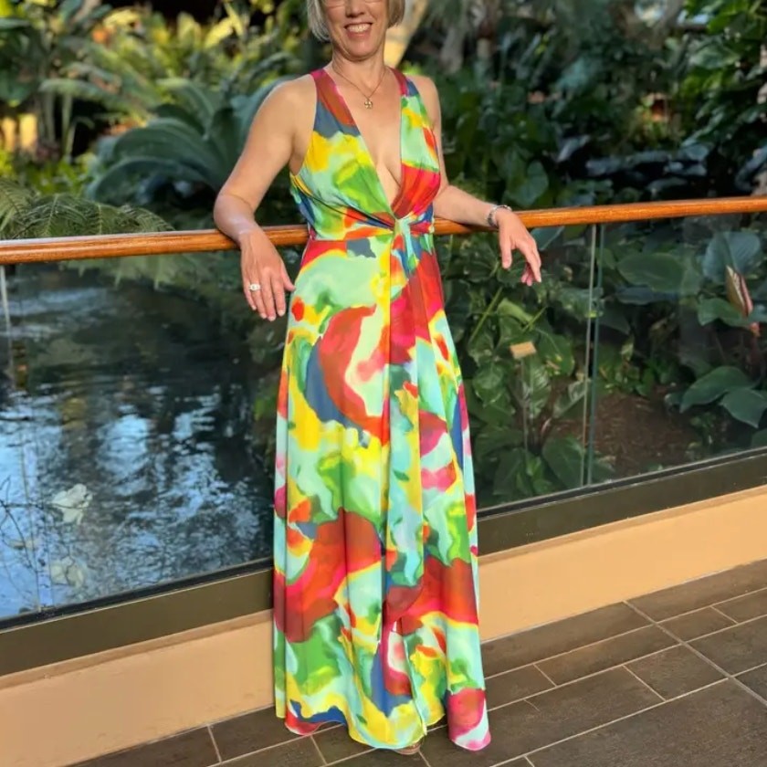 Ralph Lauren Rainbow Watercolor Chiffon Gown SIZE 14 Plunging Maxi Designer $265