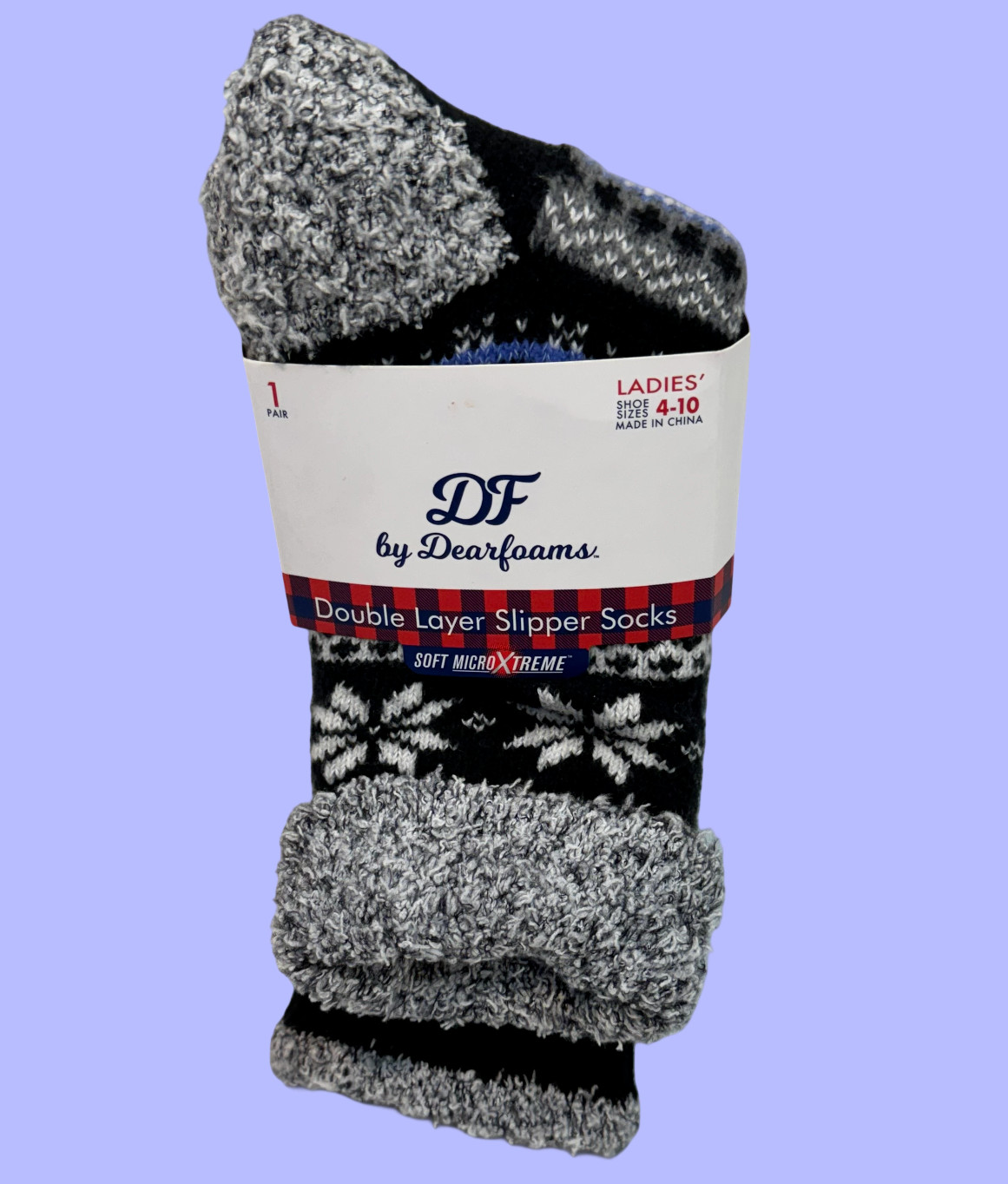 DF Dearfoams Double Layer Slipper Socks Women 4-10 Black Gray Poly-Nylon-Span