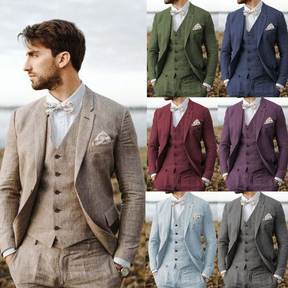 Men Multi Color Linen 3 Piece Suit Notch Lapel Summer Wedding Formal Outfit