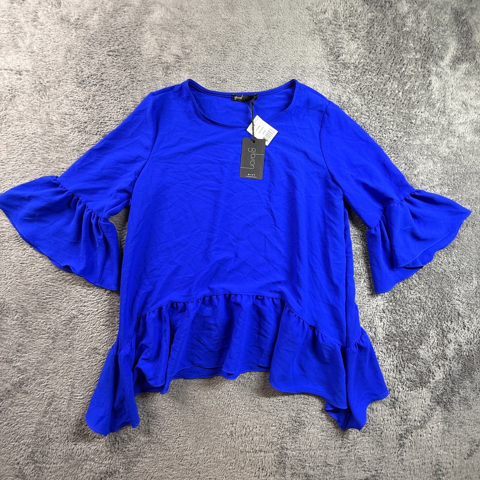 Gibsonlook Womens M Neon Blue Bell Sleeve Boho Top Blouse Peplum Ruffle NWT