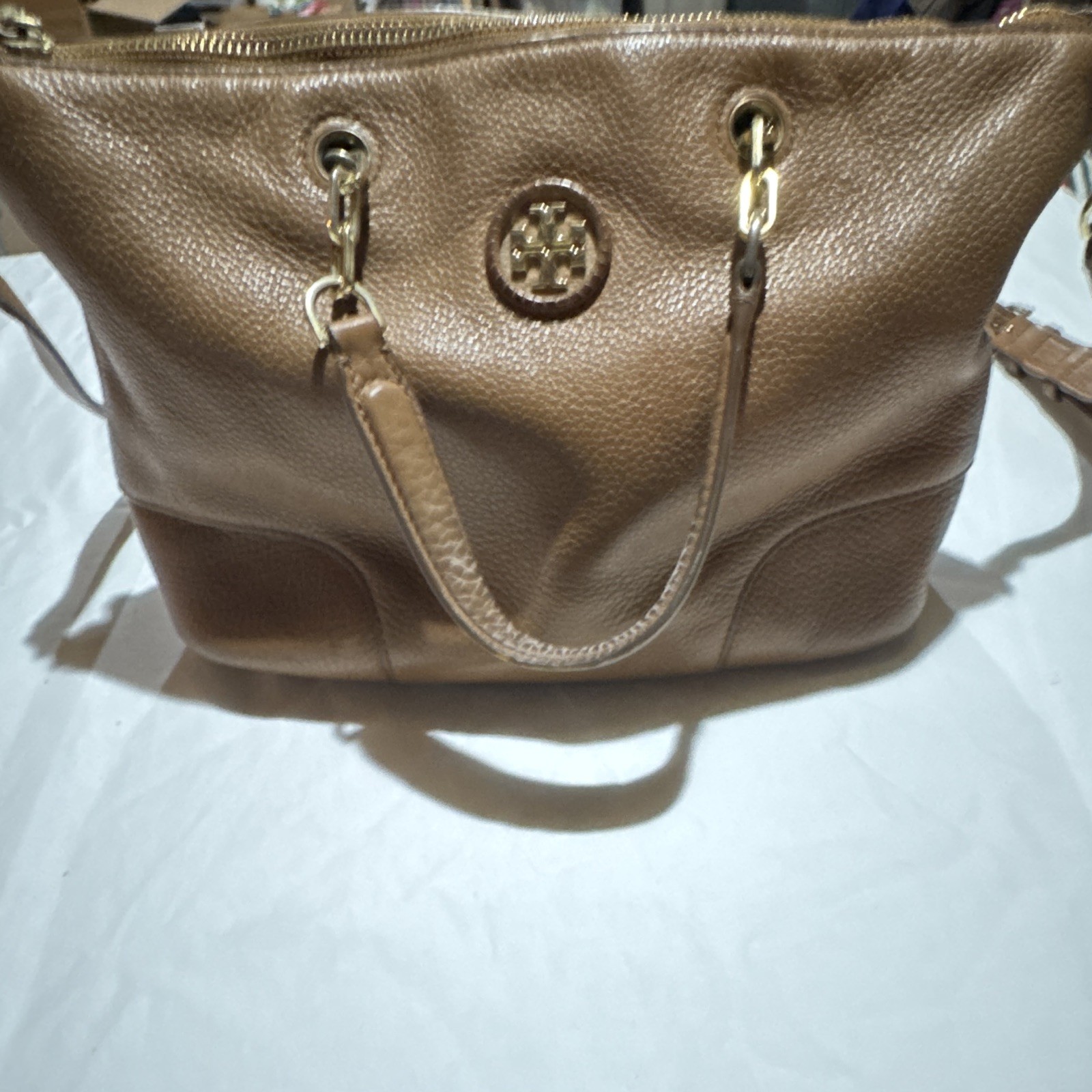 Tory Burch Brown Pebbled Zip Tote Detachable Strap Zip Wallet Gold Hardware