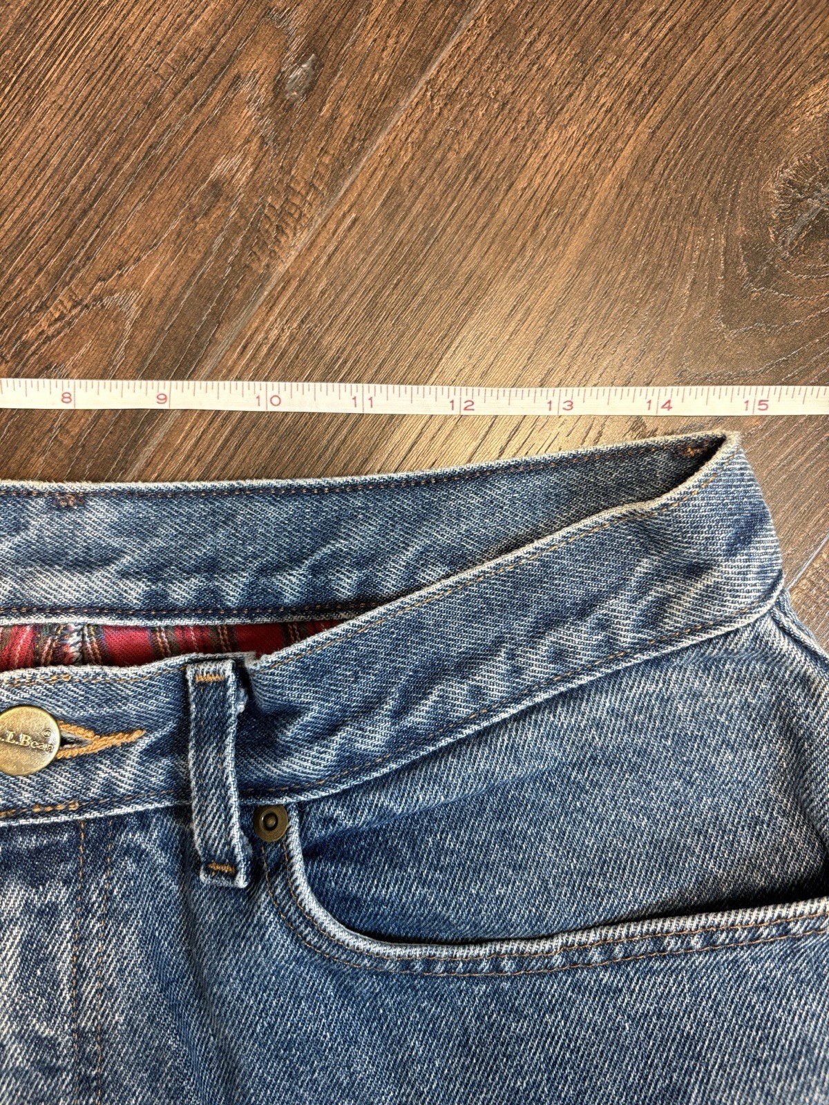 L.L.Bean Double L Vintage Women’s Blue Medium Denim Red Plaid Lined Jeans 12 Reg