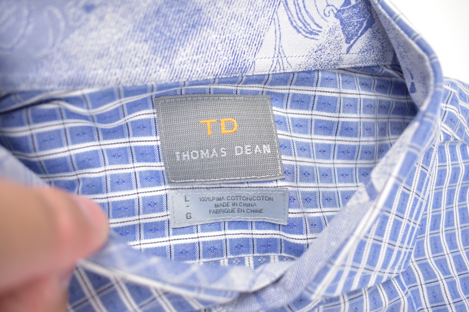 Thomas Dean Blue/White Geometric Check Spread Collar Dress Shirt Size: Large