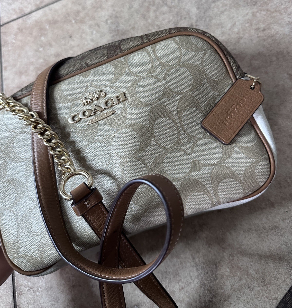 Coach Signature Mini Leather Camera Crossbody Bag Gold/Tan/Brown Chain