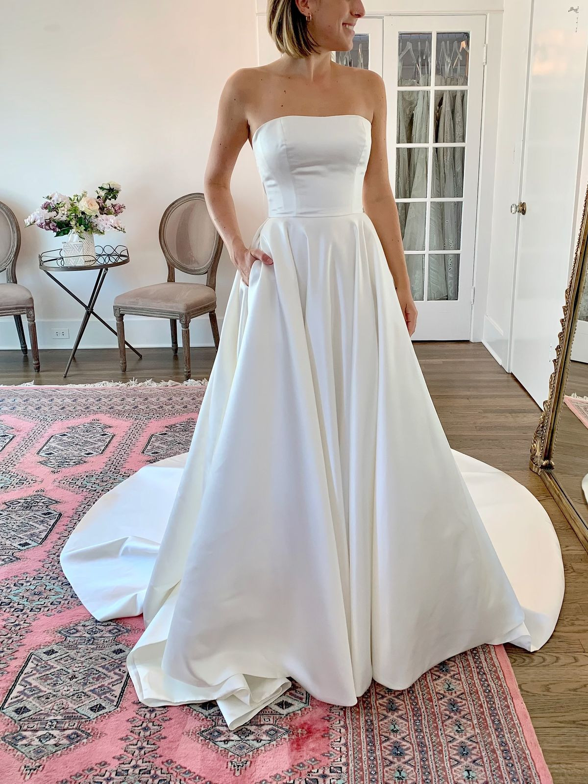 Classic Simple Wedding Dresses Strapless Satin A Line Sweep Train Bridal Gowns