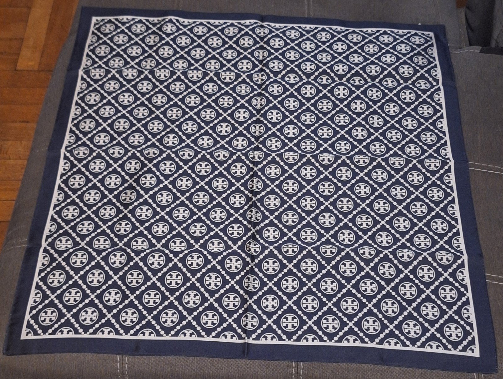 Brand New Tory Burch T Monogram Two Tone Scarf Tory Navy/New Ivory 27 X 27 In.