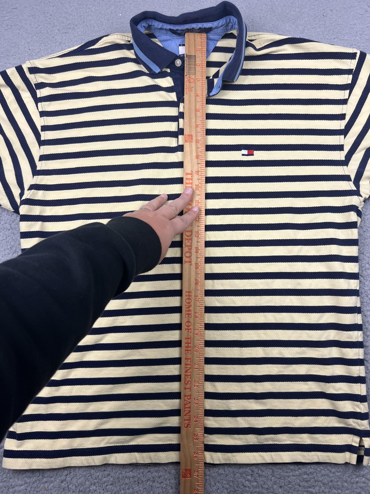 Tommy Hilfiger Polo Shirt Mens Medium Navy Yellow Striped Flag Logo Cotton