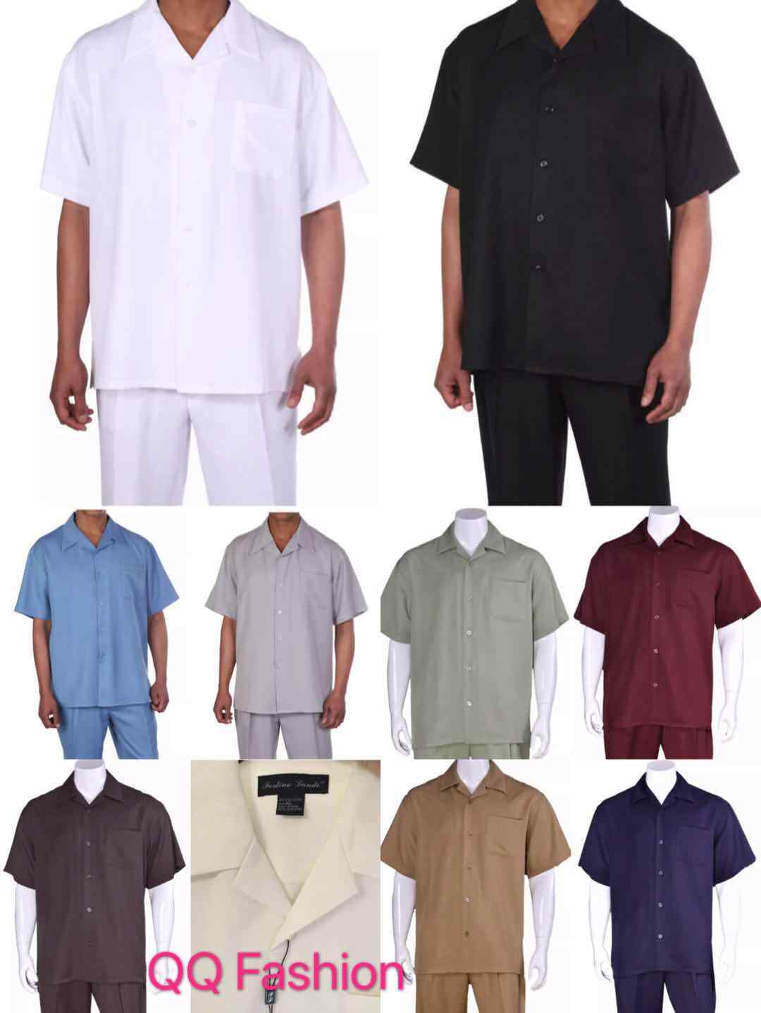 Men’s 2pc Walking Suit Short Sleeve Casual Shirt & Pants Set Solid M2954 .2971