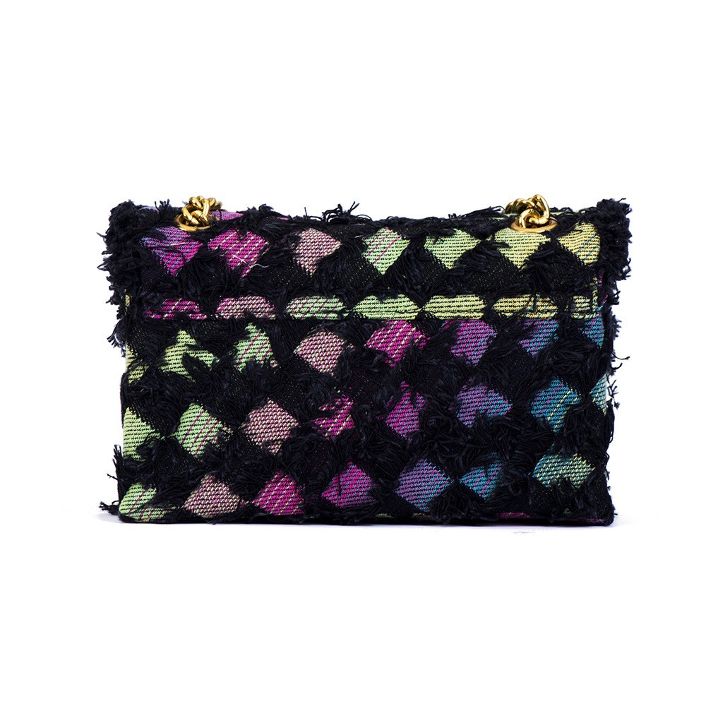 Kurt Geiger London Black Frayed Grid Tweed Crossbody Bag Gold Chain 19cm
