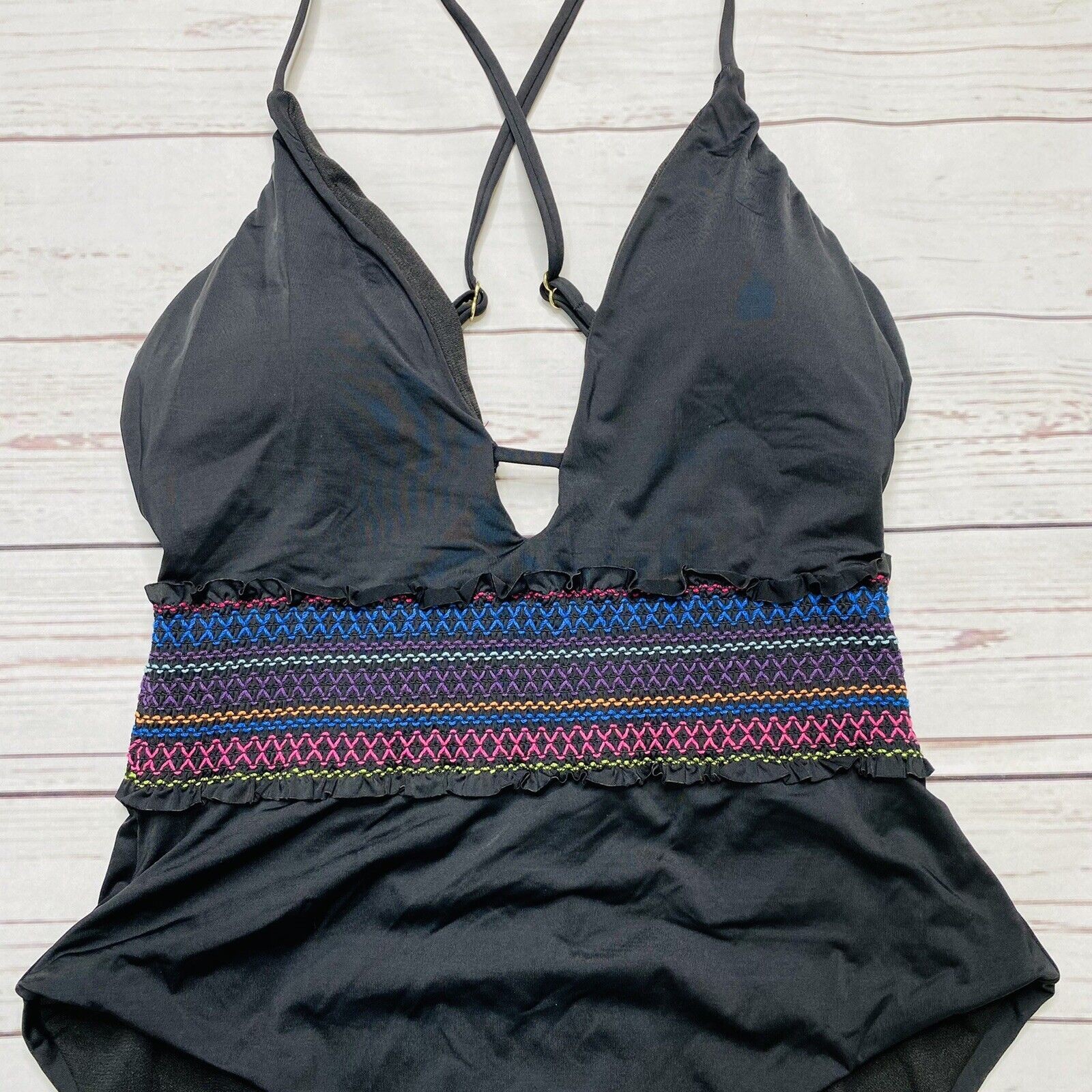 Bar III Smocked Plunging One Piece Swimsuit Black M New Rainbow Embroidered