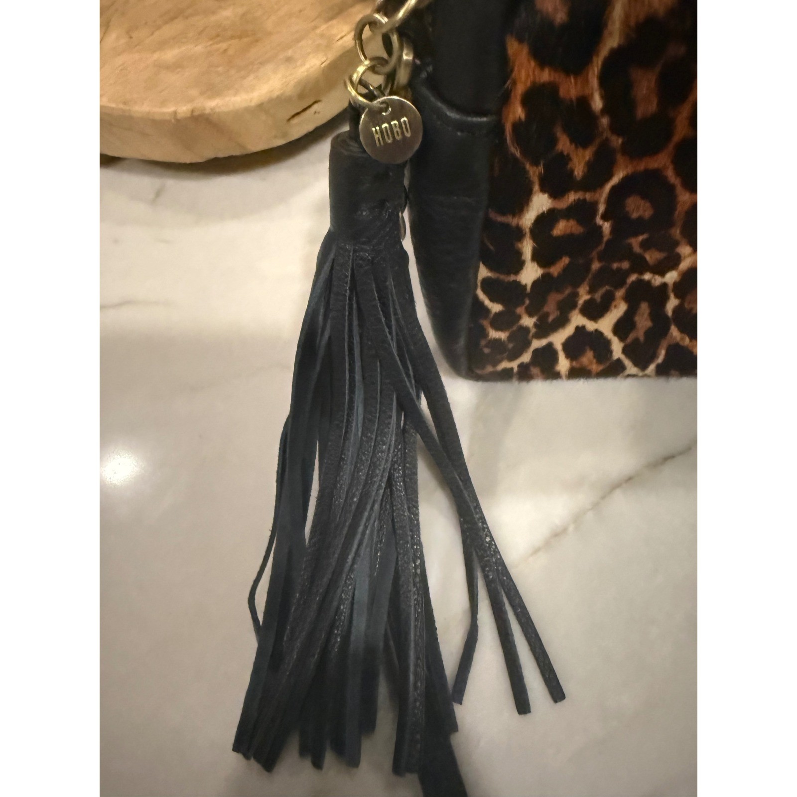 HOBO Black Leather Calf Hair Leopard Print Tassel Crossbody Bag Camera Bag