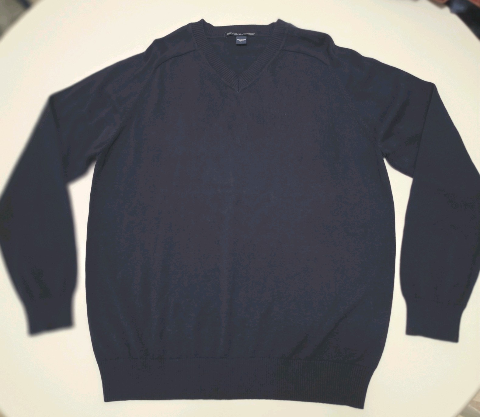 Devon & Jones Mens Classic Preppy Fisherman Navy Cotton Knit V-Neck Sweater L