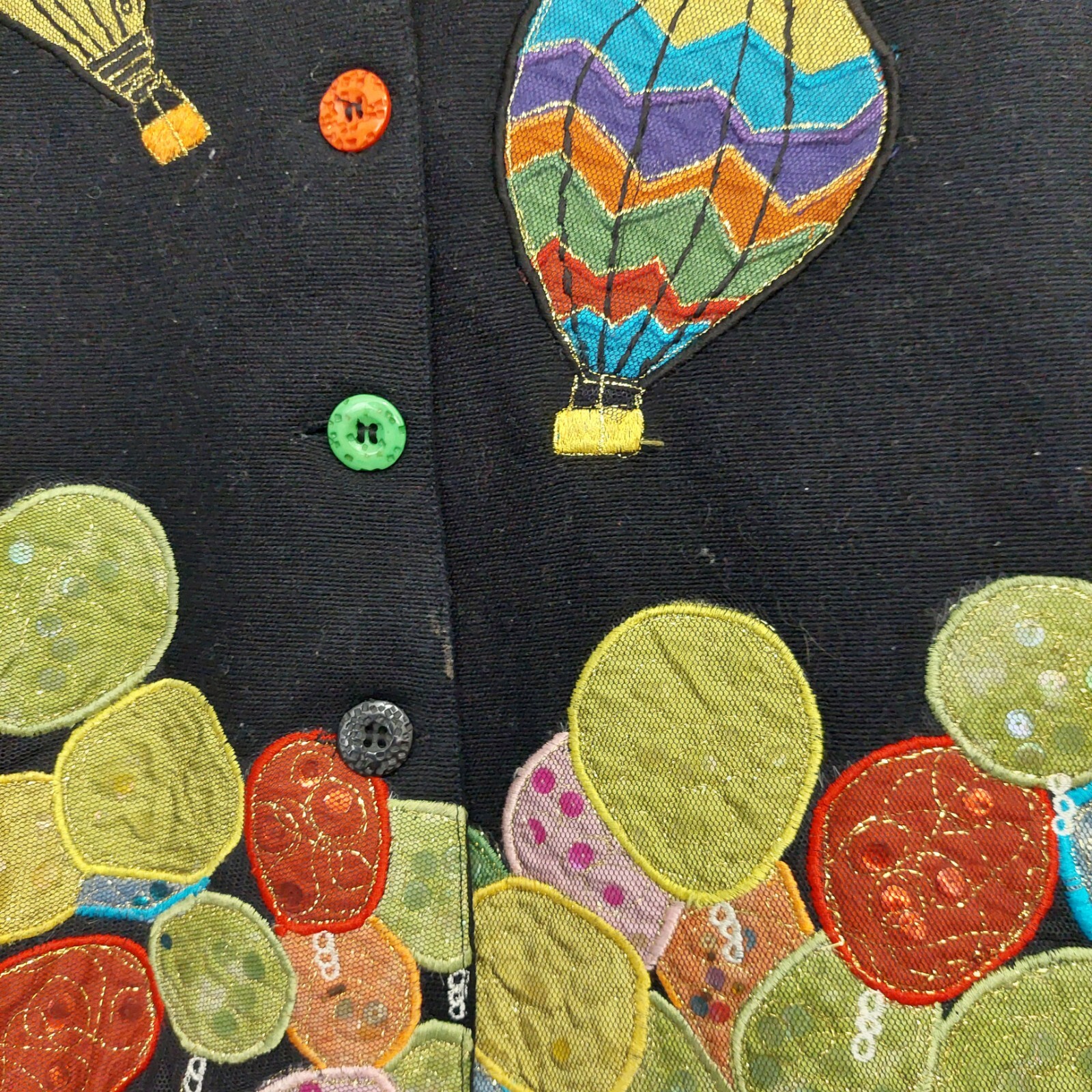 Vintage Anage Black Hot Air Balloons Button Down Jacket Sequins Patchwork 80s S