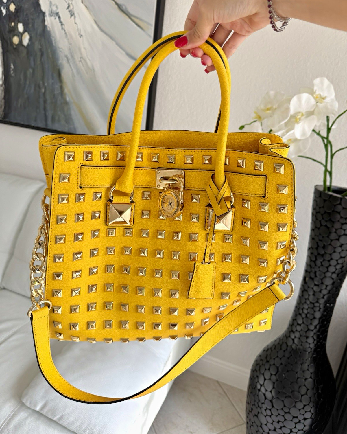 Michael Kors Yellow Studded Satchel Top Handle Bag w/ Lock