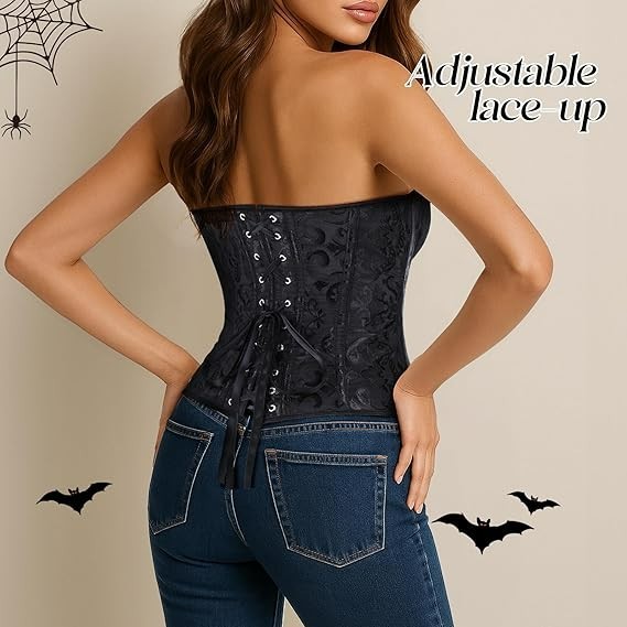 Women’s Corset Tops XS Overbust Bustier Lace Up Jacquard Lingerie Black