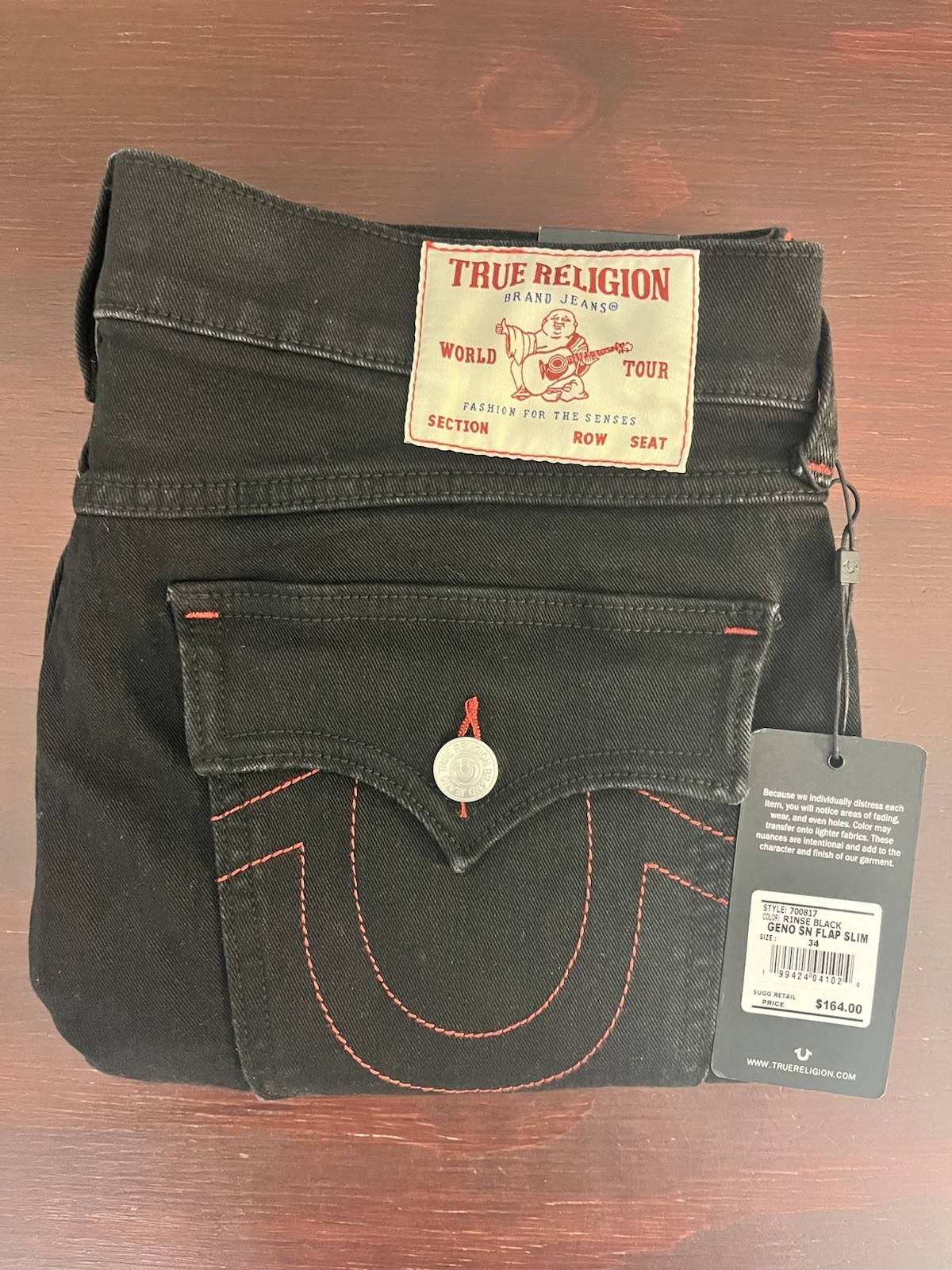 True Religion Geno Flap Relaxed Slim Jeans Men’s 34×32 Black Rinse Red Stitching