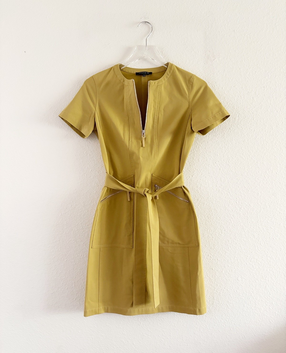 Lafayette 148 New York Mustard Zip Front Dress Belted Structured Pockets Minimal