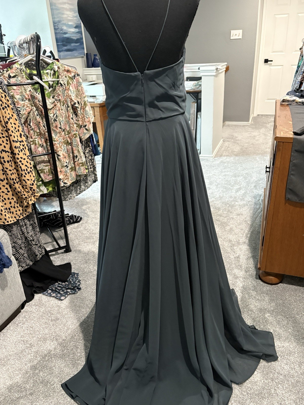 Jenny Yoo Collection 6 Gray Chiffon V-Neck Spaghetti Strap Long Gown